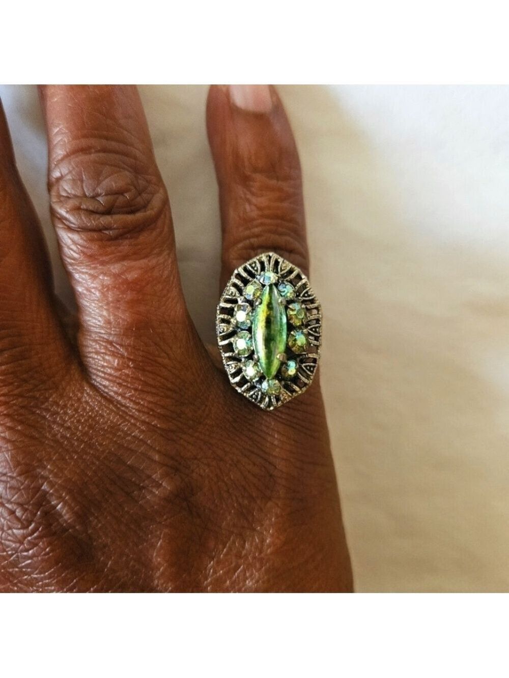Vintage Czech Green Aurora Borealis Glass Oval Ring, Size 4.75